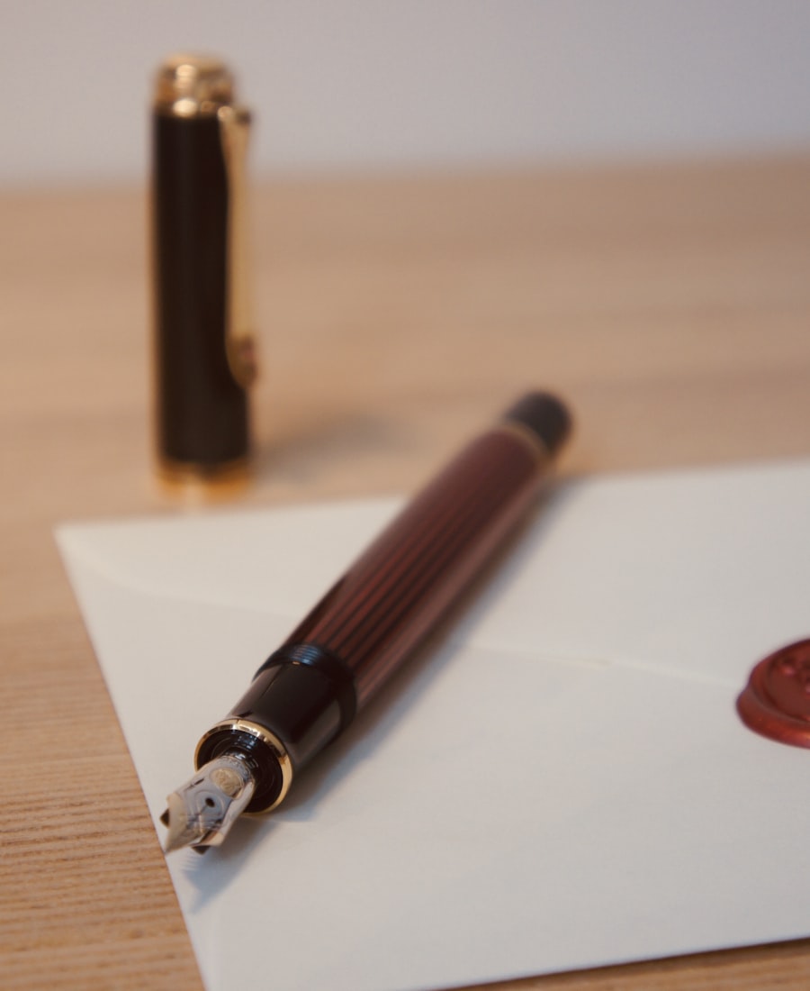 A fountain pen resting on a wax-sealed envelope
